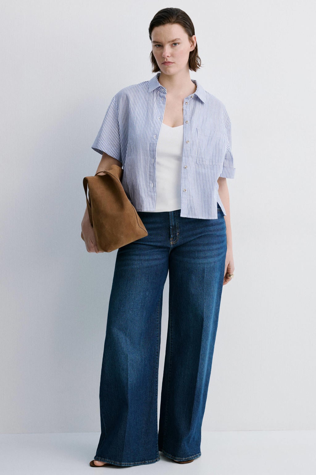 Blauw en ecru dames Mango blouse van katoen met krijtstreepprint, korte mouwen, klassieke kraag en knoopsluiting
