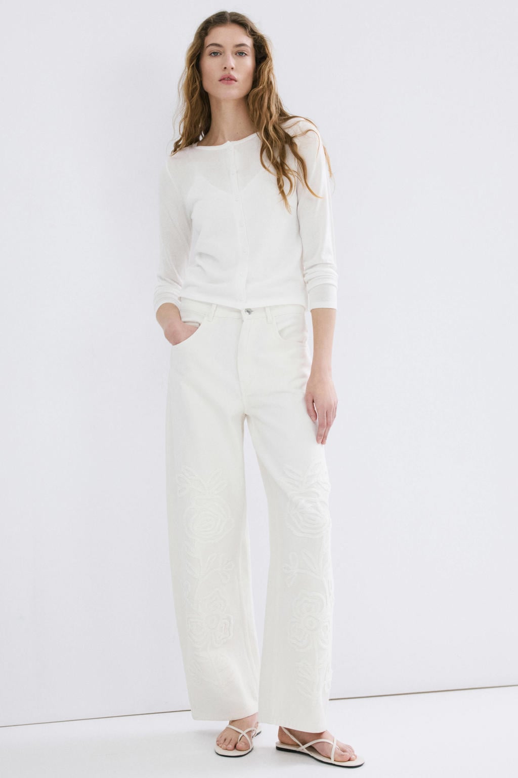 Ecru dames Mango wide leg jeans van denim met rits- en knoopsluiting en effen
