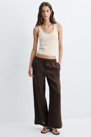 wide leg regular waist broek met linnen bruin