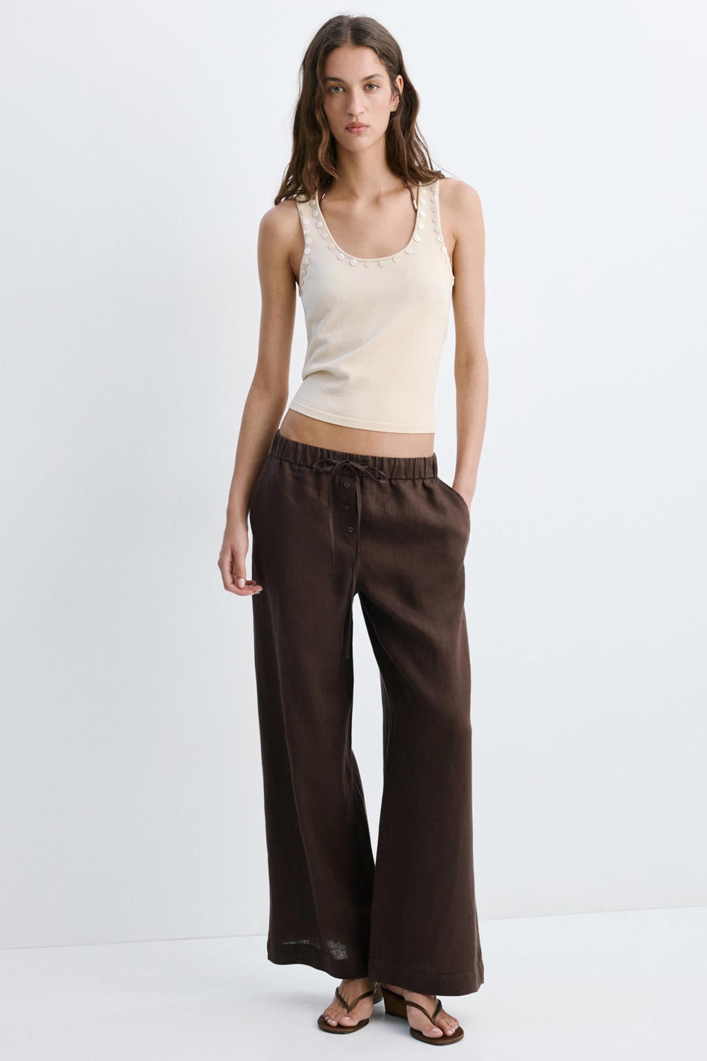 Bruine dames Mango wide leg regular waist broek van linnen met elastische tailleband met koord en effen