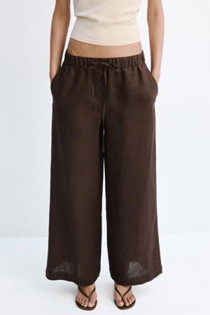 wide leg regular waist broek met linnen bruin