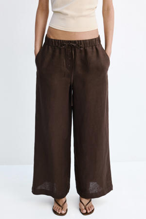 wide leg regular waist broek met linnen bruin
