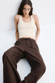 thumbnail: Mango wide leg regular waist broek met linnen bruin