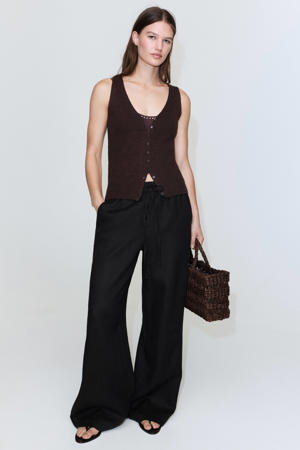 wide leg regular waist broek met linnen zwart