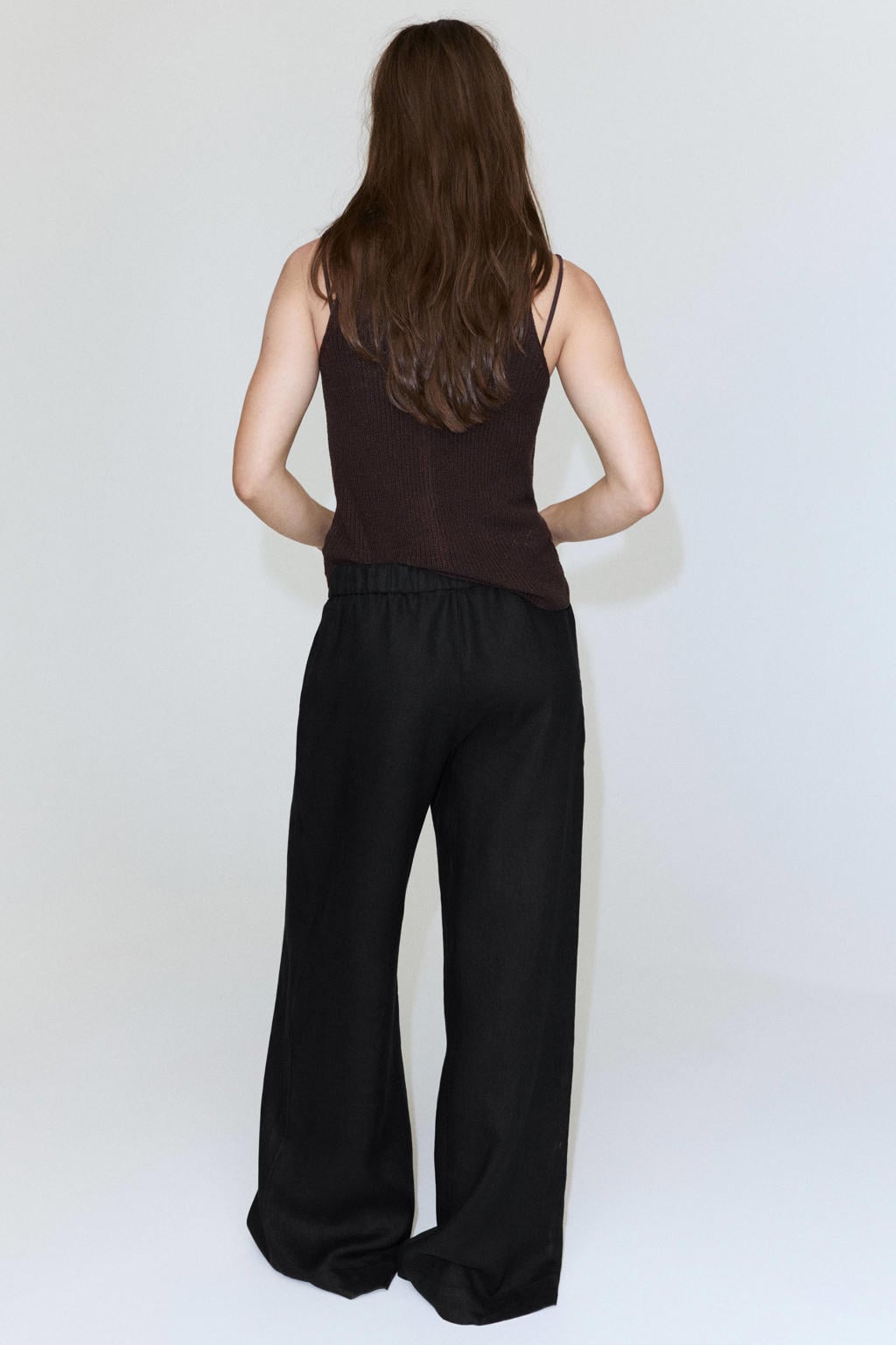 Zwarte dames Mango wide leg regular waist broek van linnen met elastische tailleband met koord en effen
