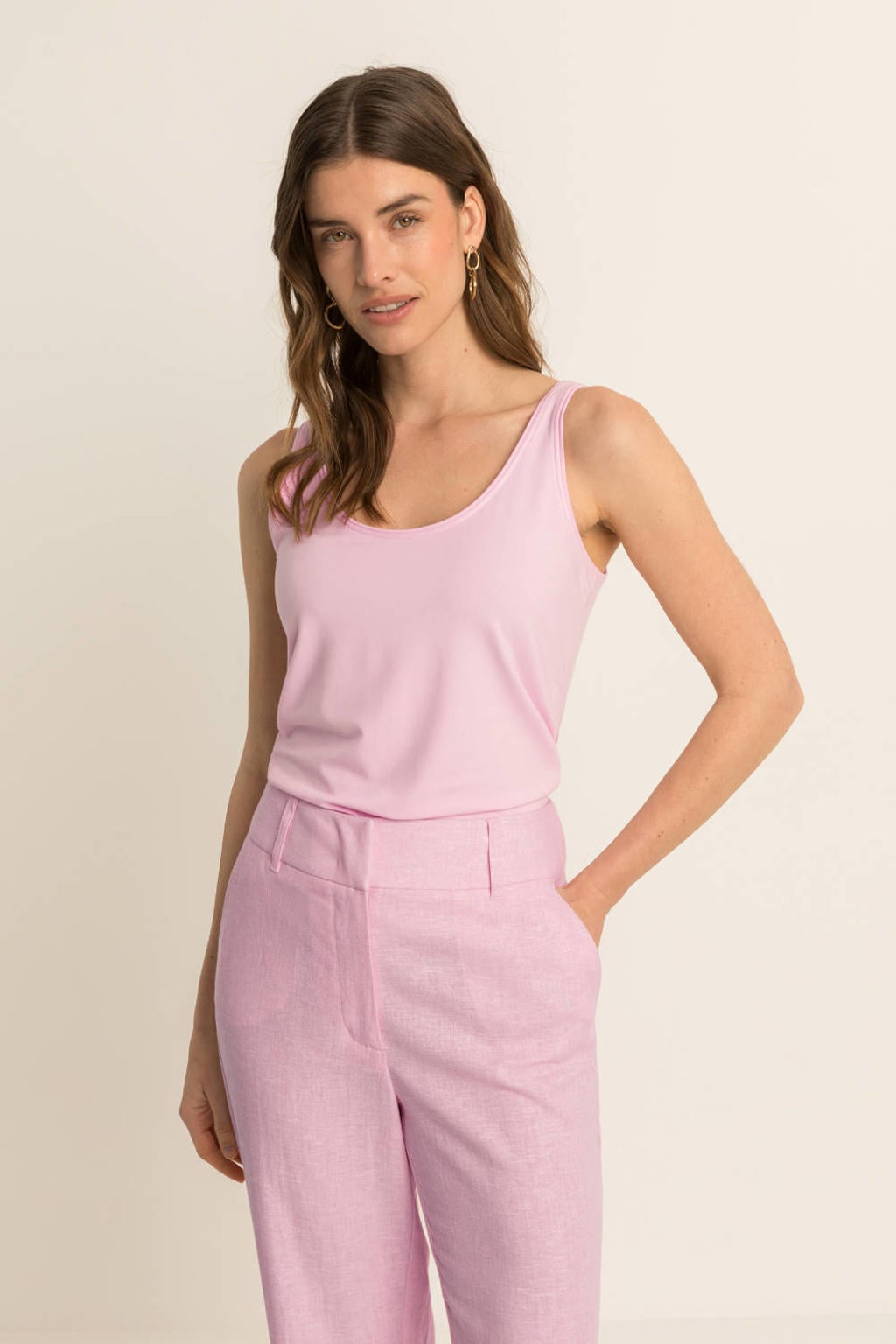 Lichtroze dames Expresso jersey singlet van viscose met effen en ronde hals