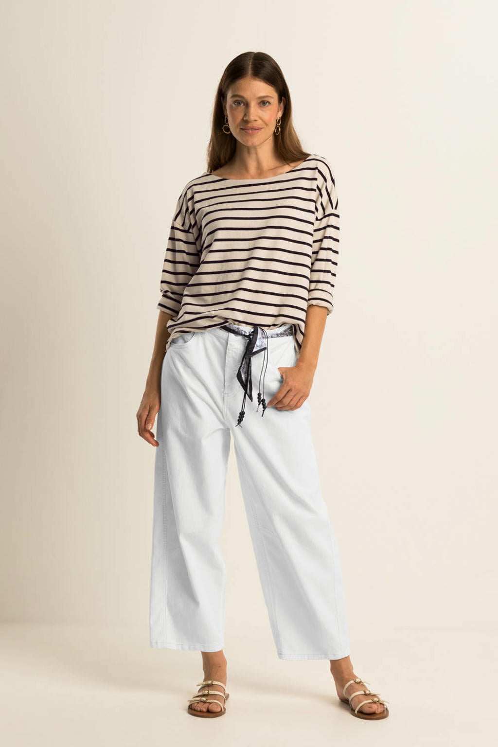 Beige en zwarte dames Expresso gestreepte top met driekwart mouwen en boothals