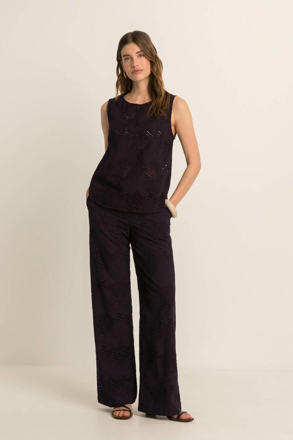 Zwarte dames Expresso blousetop broderie van katoen met bloemenprint en ronde hals