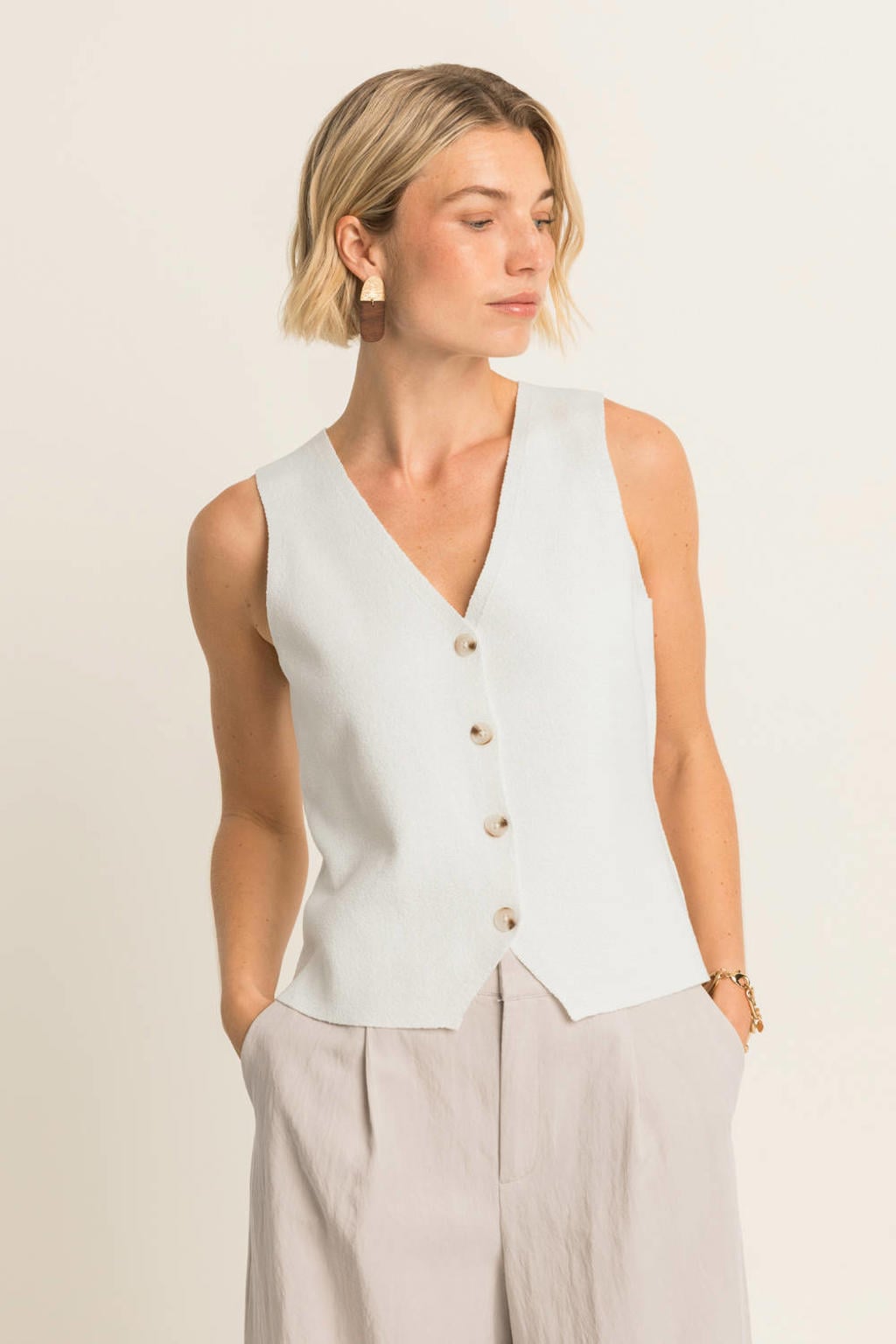 Ecru dames Expresso gilet van katoen met effen, V-hals en knoopsluiting
