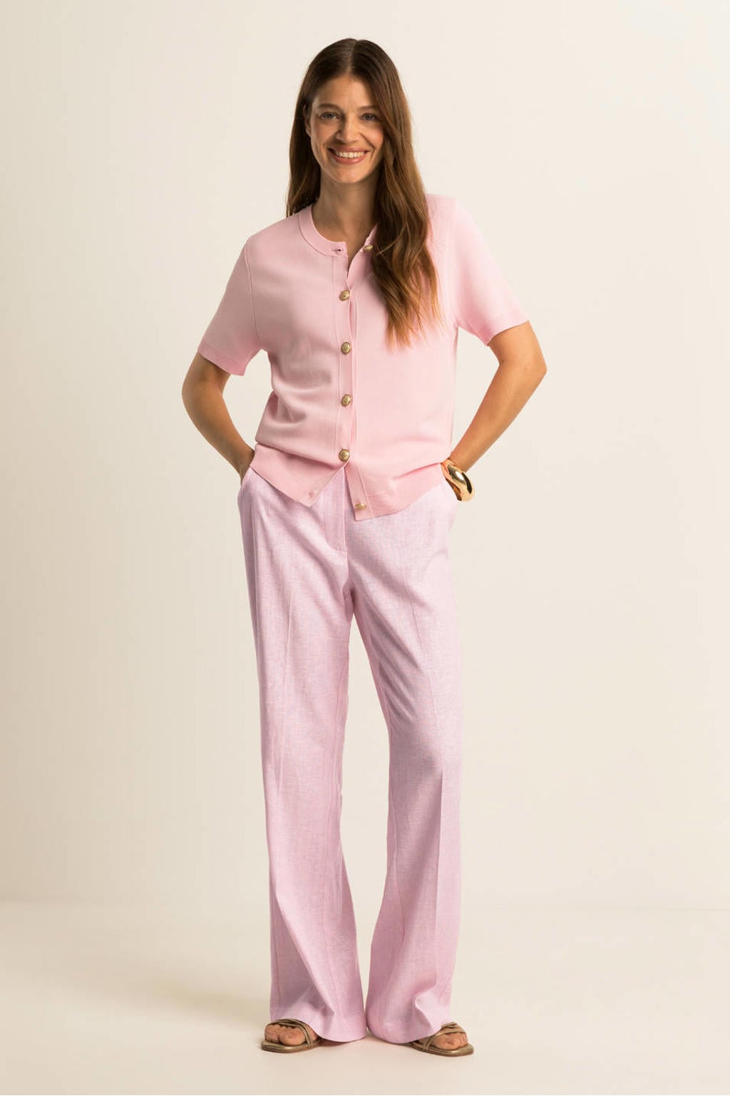 Lichtroze dames Expresso regular waist flared broek van linnen met rits, haak- en knoopsluiting en effen
