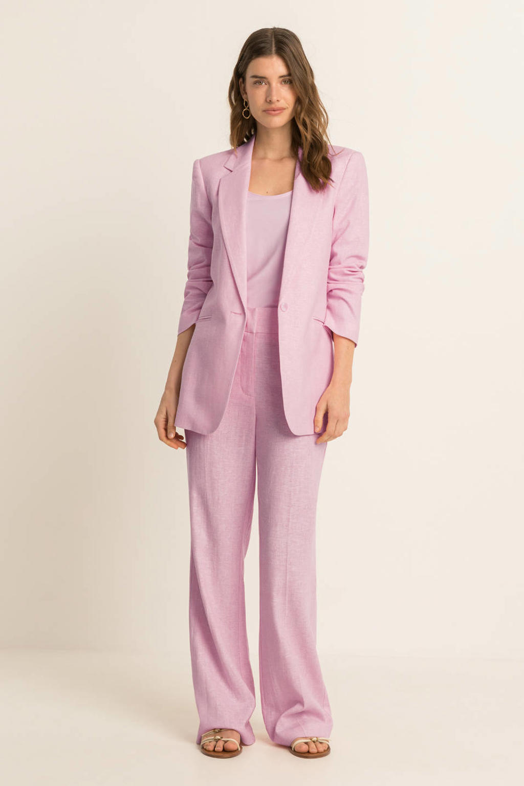 Lichtroze dames Expresso regular blazer van linnen met effen, lange mouwen, reverskraag en knoopsluiting