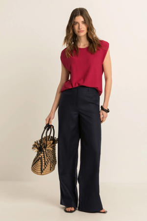 wide leg regular waist broek met linnen zwart