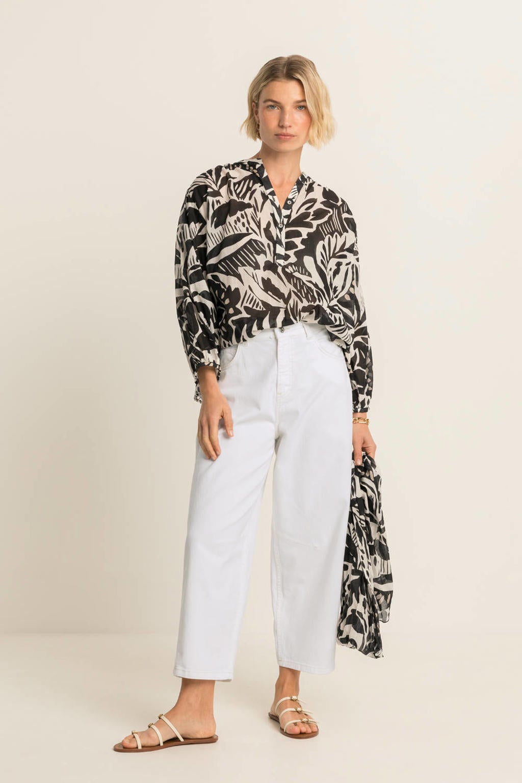 Zwart en ecru dames Expresso blousetop van katoen met lange mouwen en mao kraag