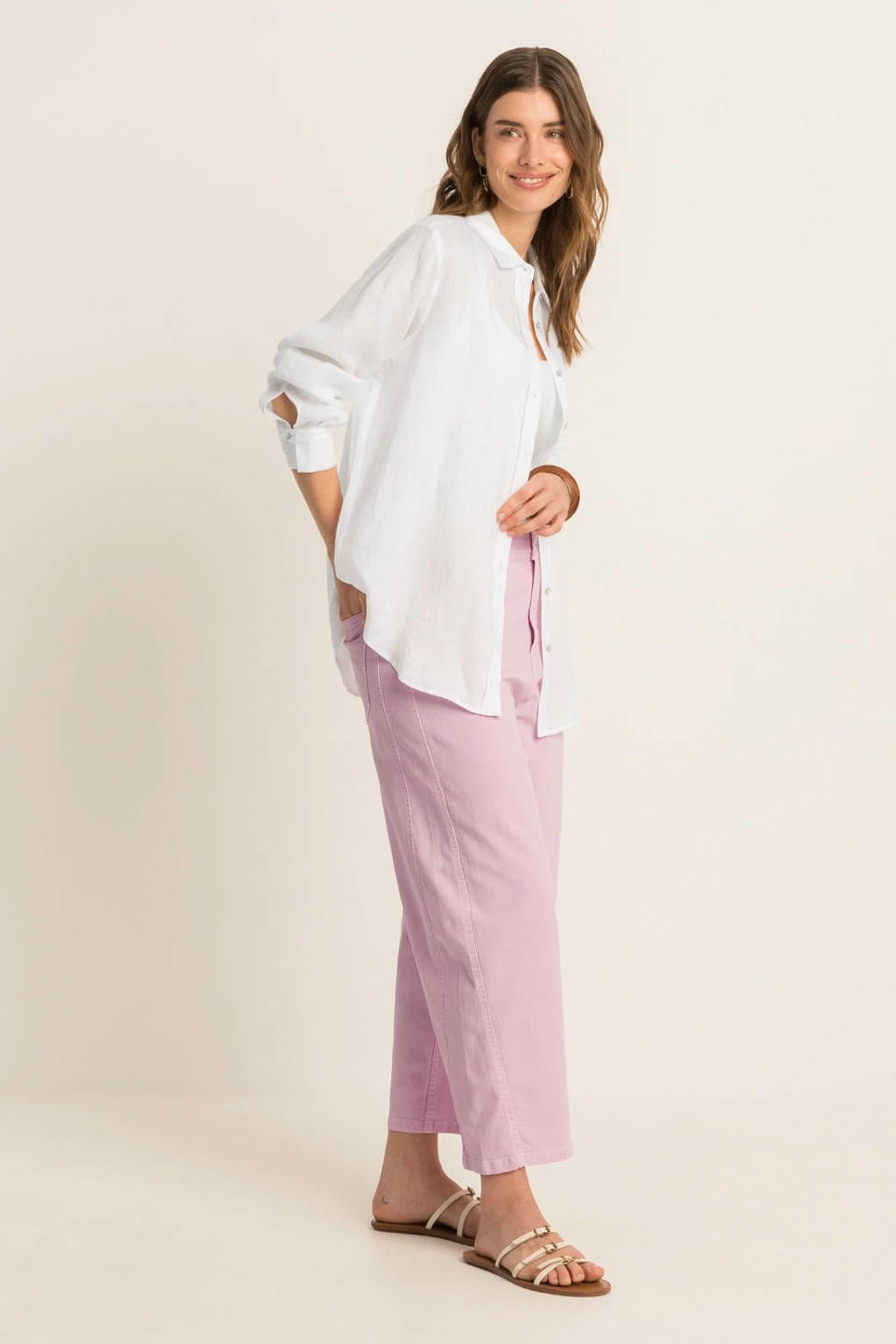 Witte dames Expresso linnen blouse met effen, lange mouwen, klassieke kraag en knoopsluiting