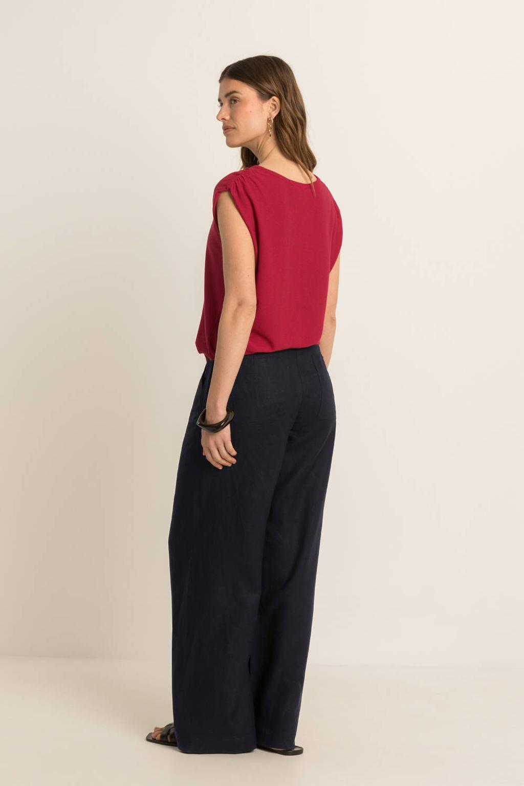 Rode dames Expresso top van viscose met effen, korte mouwen en ronde hals