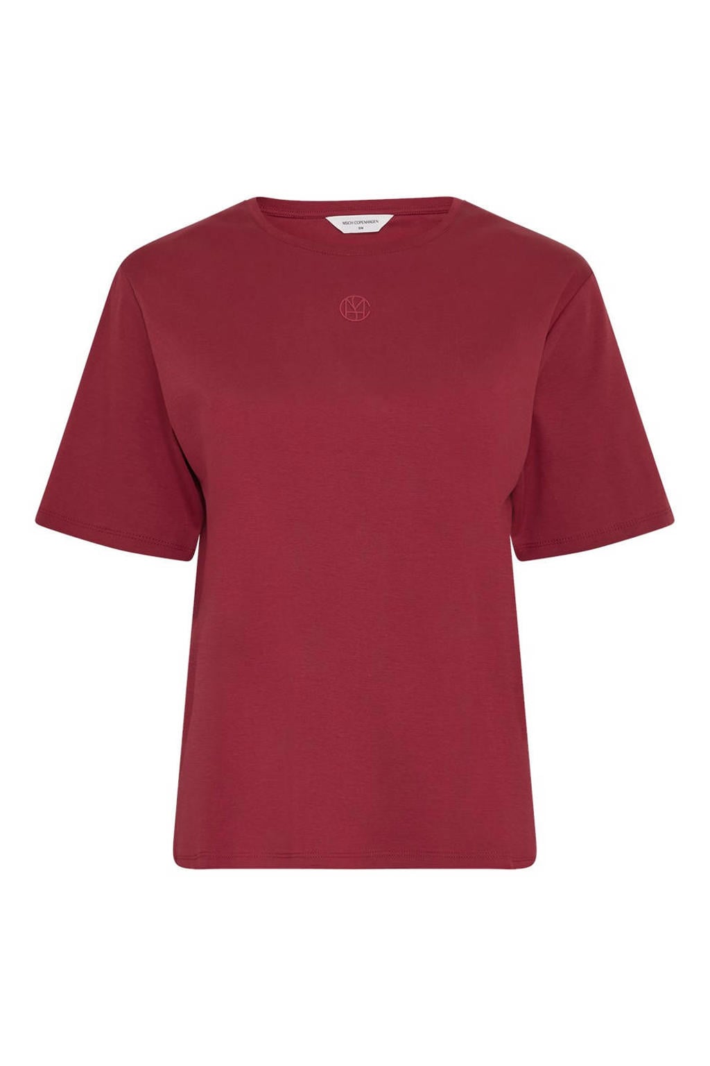 Donkerrode dames MSCH Copenhagen T-shirt van katoen met effen, korte mouwen en ronde hals