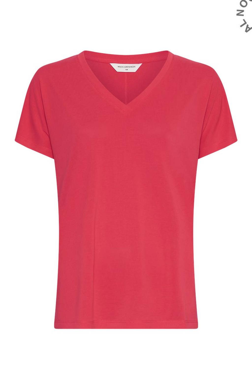 Rode dames MSCH Copenhagen t-shirt van modal met effen, korte mouwen en V-hals