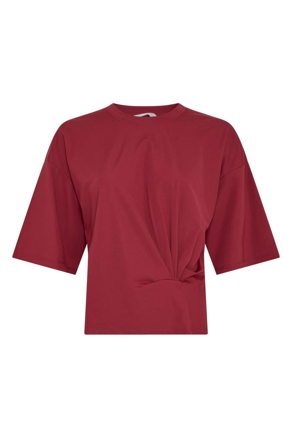 Donkerrode dames MSCH Copenhagen T-shirt van viscose met effen, half lange mouwen en ronde hals