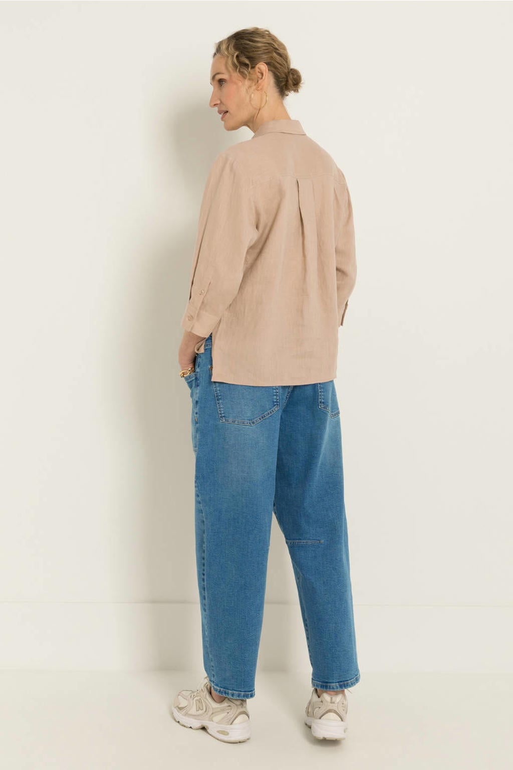 Beige dames Claudia Sträter blouse van linnen met effen, driekwart mouwen, klassieke kraag en knoopsluiting