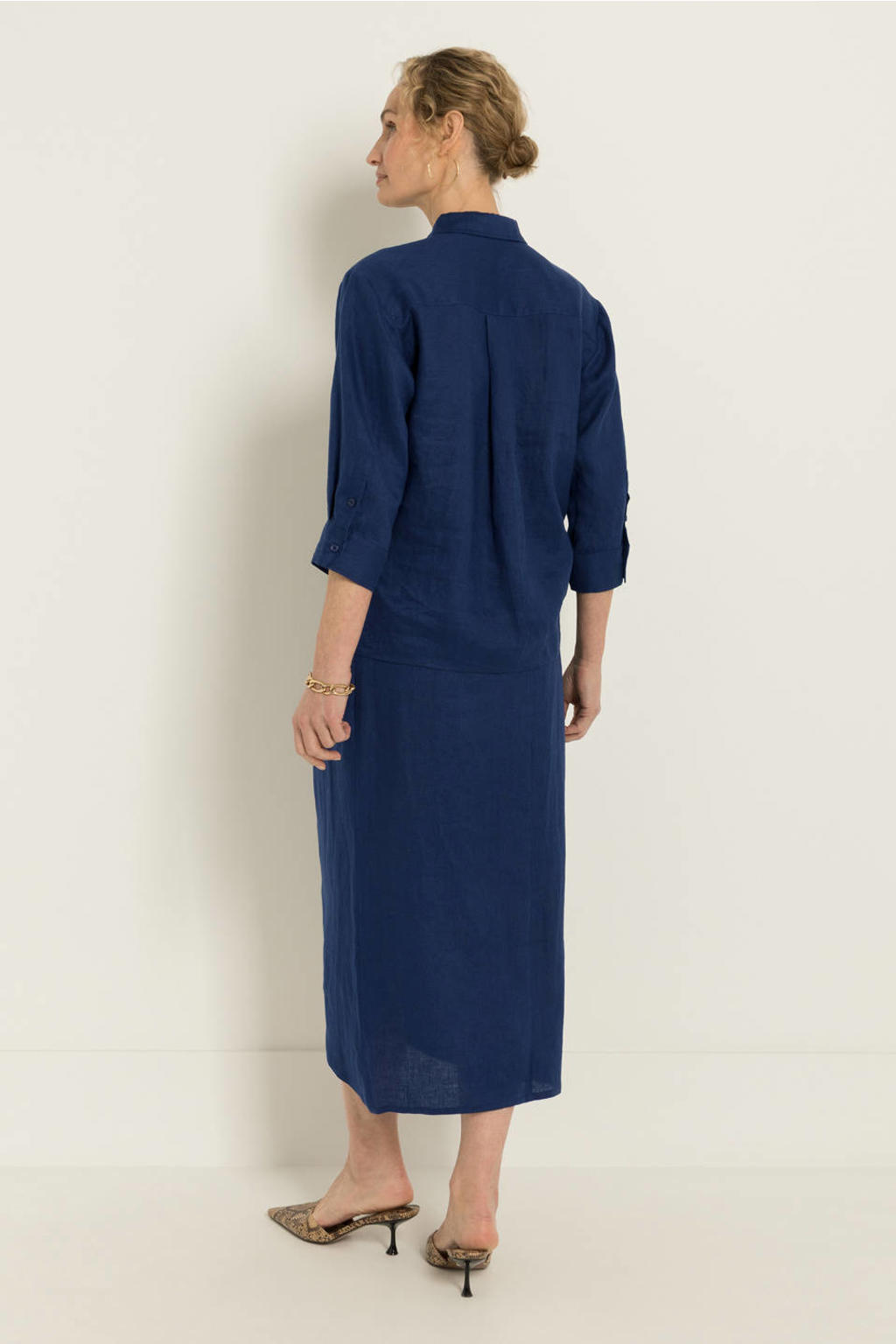 Donkerblauwe dames Claudia Sträter blouse van linnen met effen, driekwart mouwen, klassieke kraag en knoopsluiting