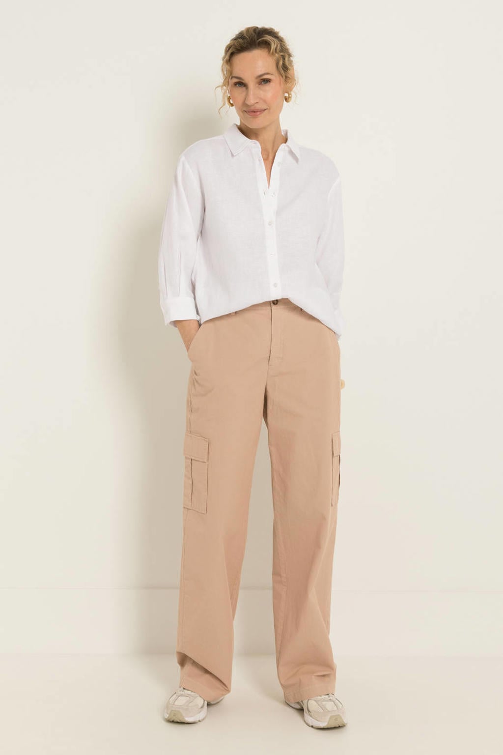 Witte dames Claudia Sträter blouse van linnen met effen, driekwart mouwen, klassieke kraag en knoopsluiting