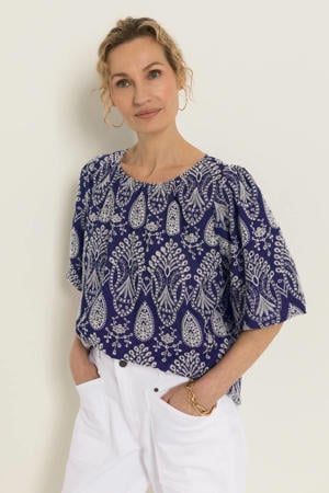 blousetop donkerblauw broderie
