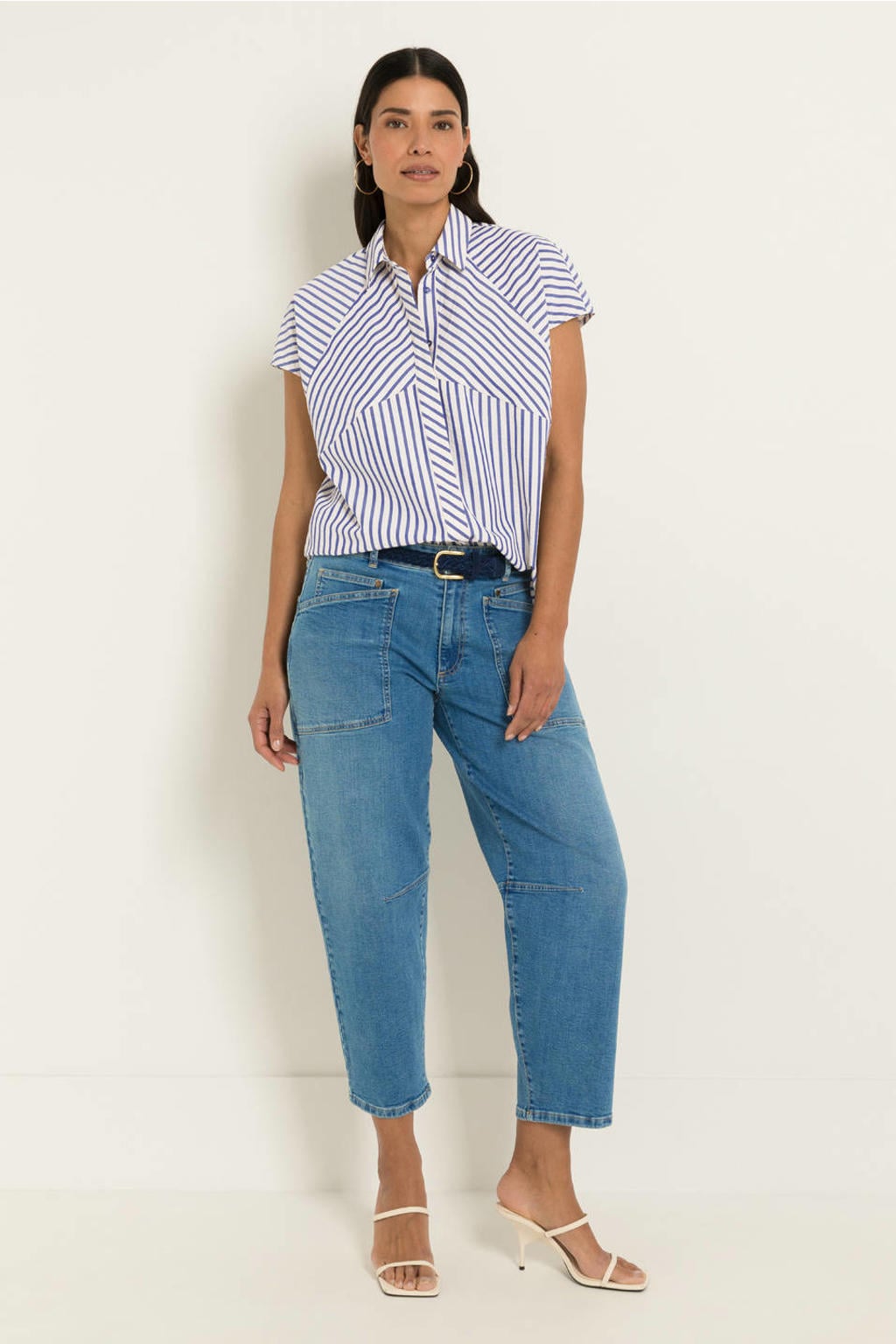 Blauw en ecru dames Claudia Sträter gestreepte blouse van polyester met klassieke kraag en knoopsluiting