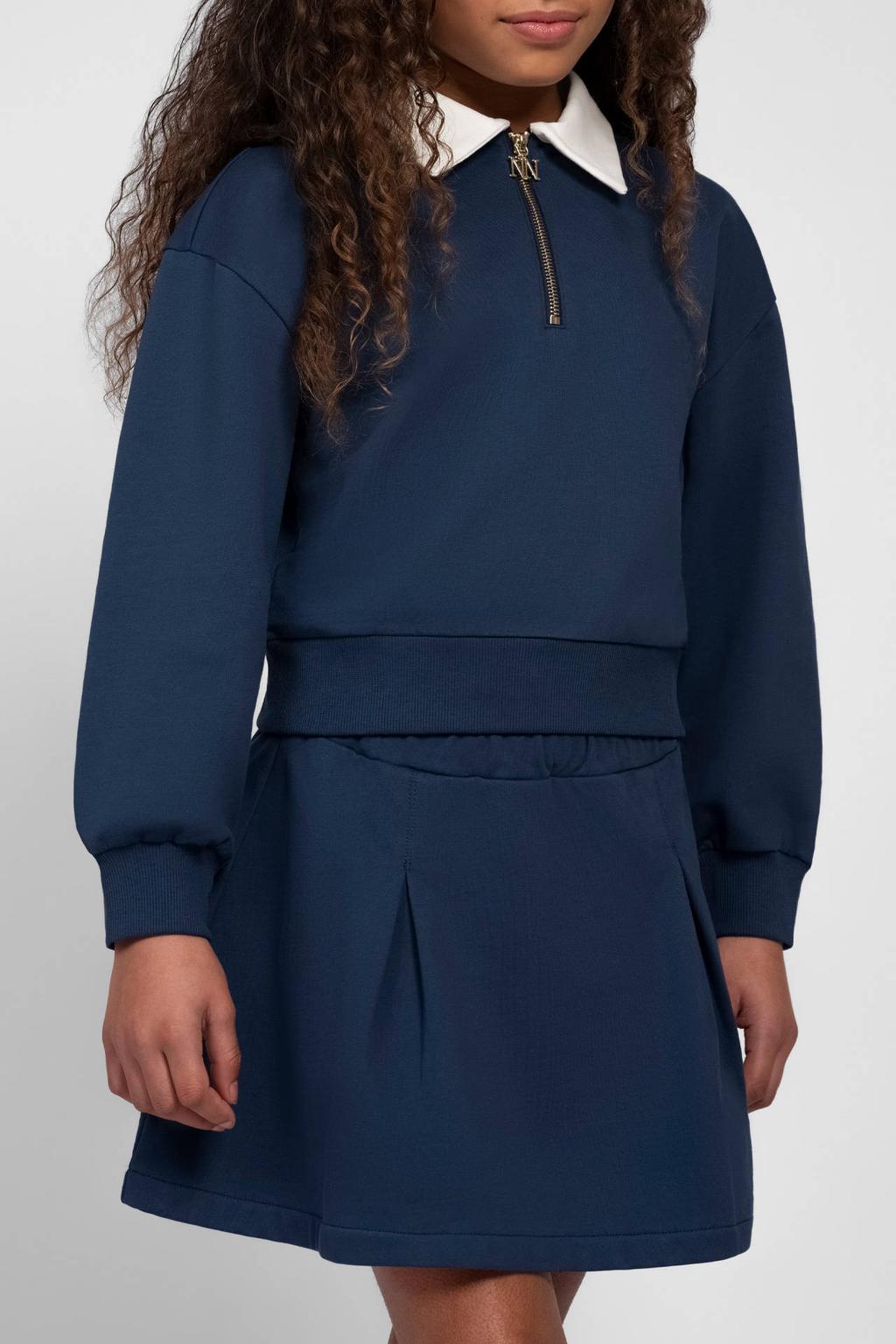 Donkerblauwe meisjes NIK&NIK sweater met effen, lange mouwen, klassieke kraag en halve rits