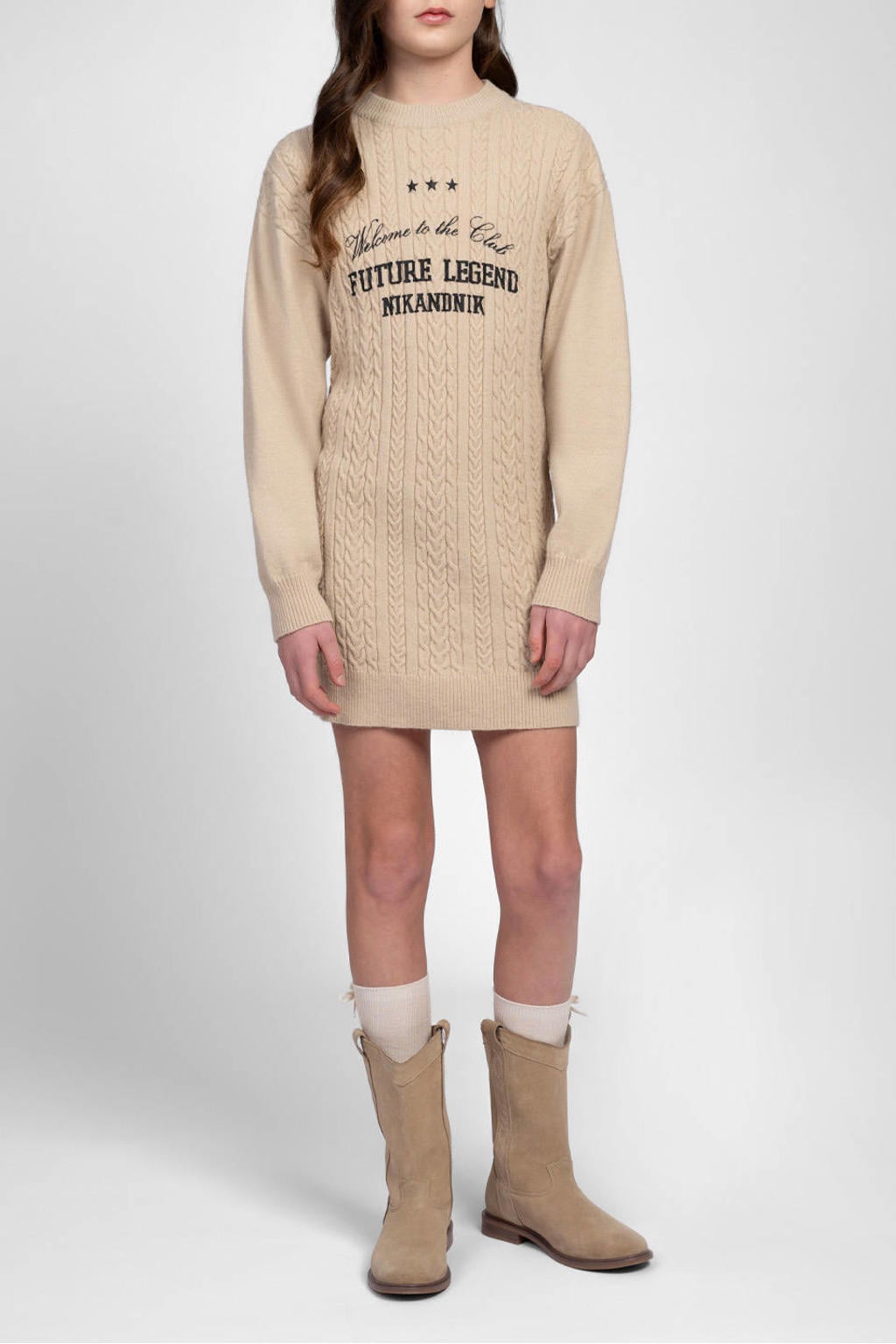 Beige meisjes NIK&NIK gebreide jurk van acryl met tekst print, lange mouwen en ronde hals