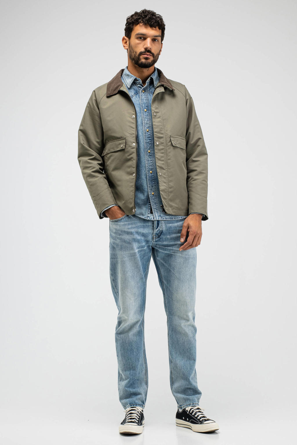 Kakikleurige heren Butcher of Blue jack van polyester met effen, lange mouwen, klassieke kraag, rits- en drukknoopsluiting en corduroy