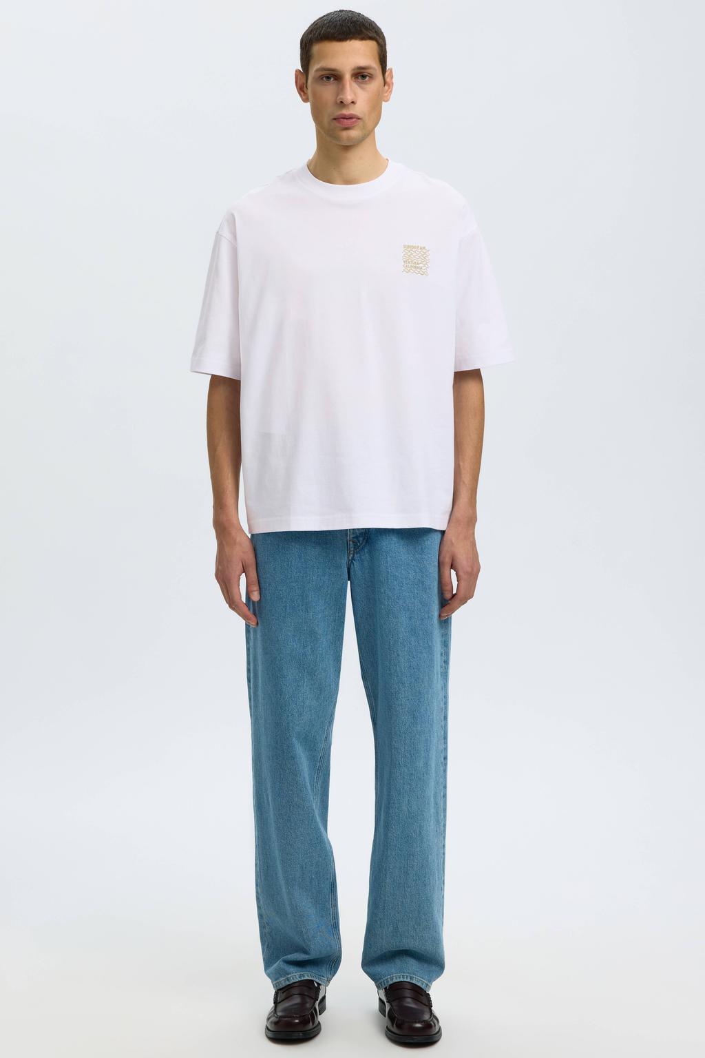 Witte heren Selected relaxed fit T-shirt van katoen met effen, korte mouwen, ronde hals en borduursels