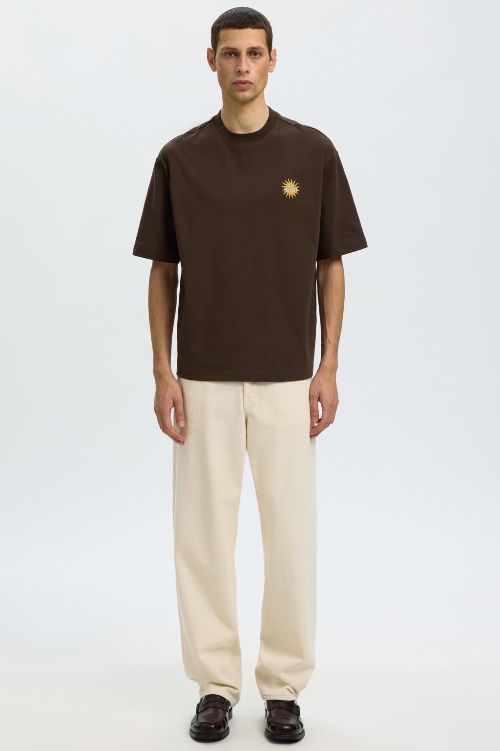 Donkerblauwe heren Selected relaxed T-shirt van katoen met effen, korte mouwen, ronde hals en borduursels