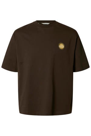 relaxed T-shirt met borduursels - donkerbruin