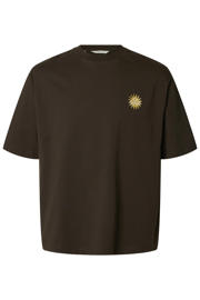 thumbnail: Donkerblauwe heren Selected relaxed T-shirt van katoen met effen, korte mouwen, ronde hals en borduursels