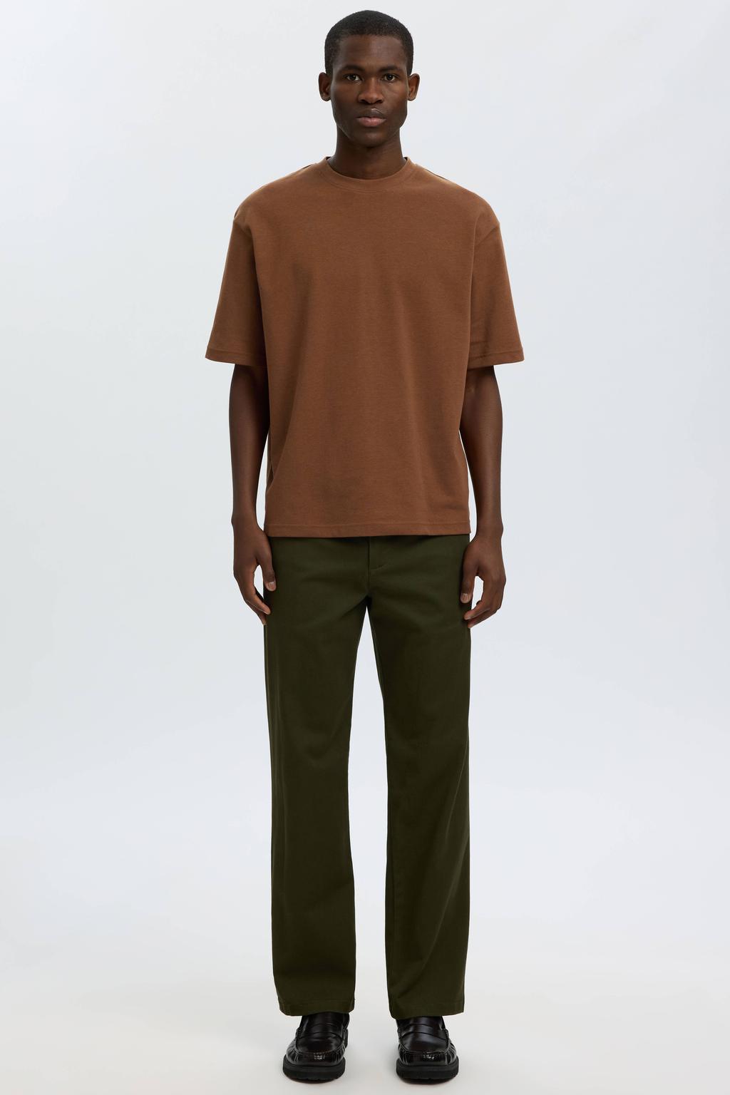 Bruine heren Selected oversized T-shirt van katoen met effen, korte mouwen en ronde hals