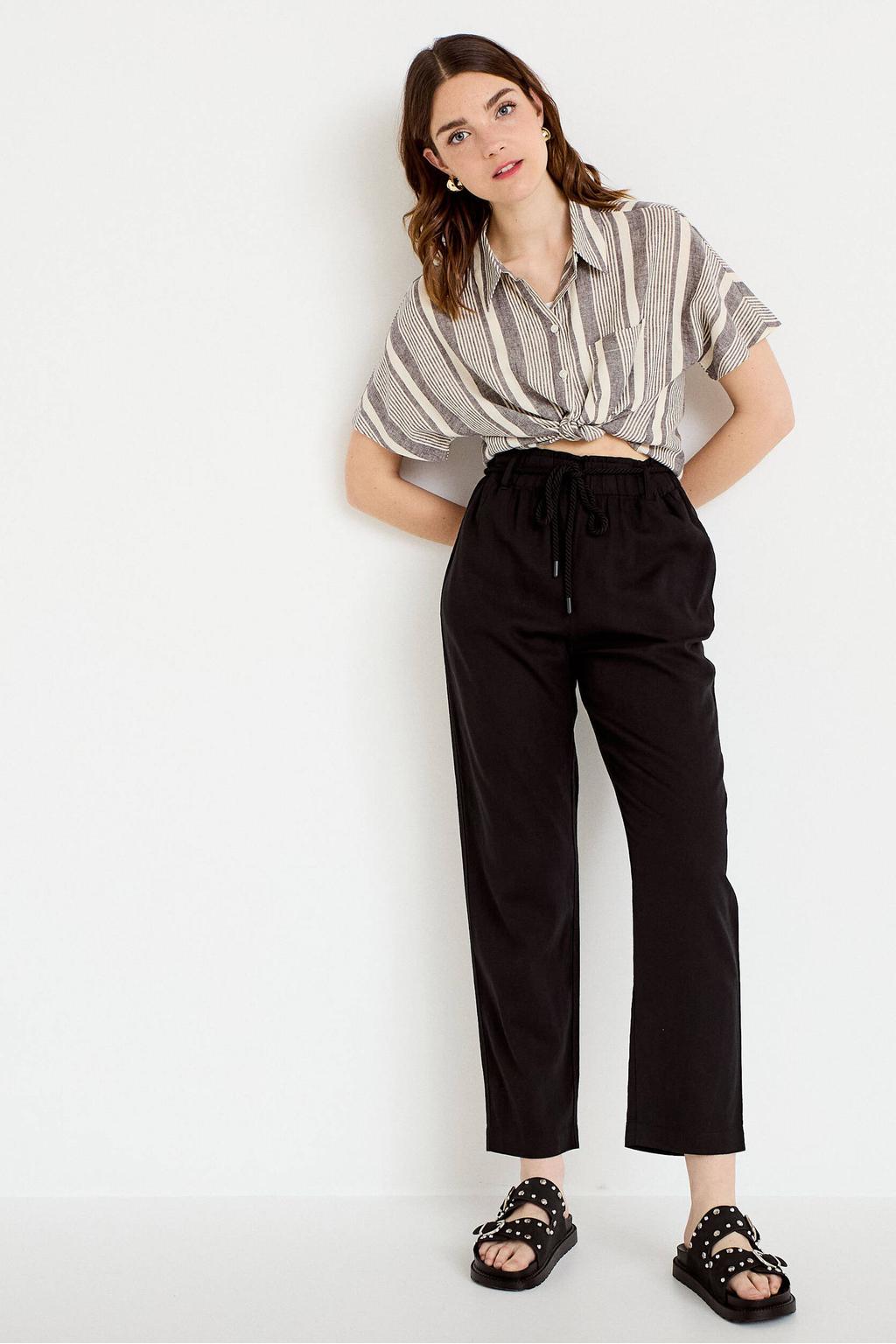 Zwarte dames Cache Cache straight high waist casual broek van linnen met elastische tailleband met koord en effen
