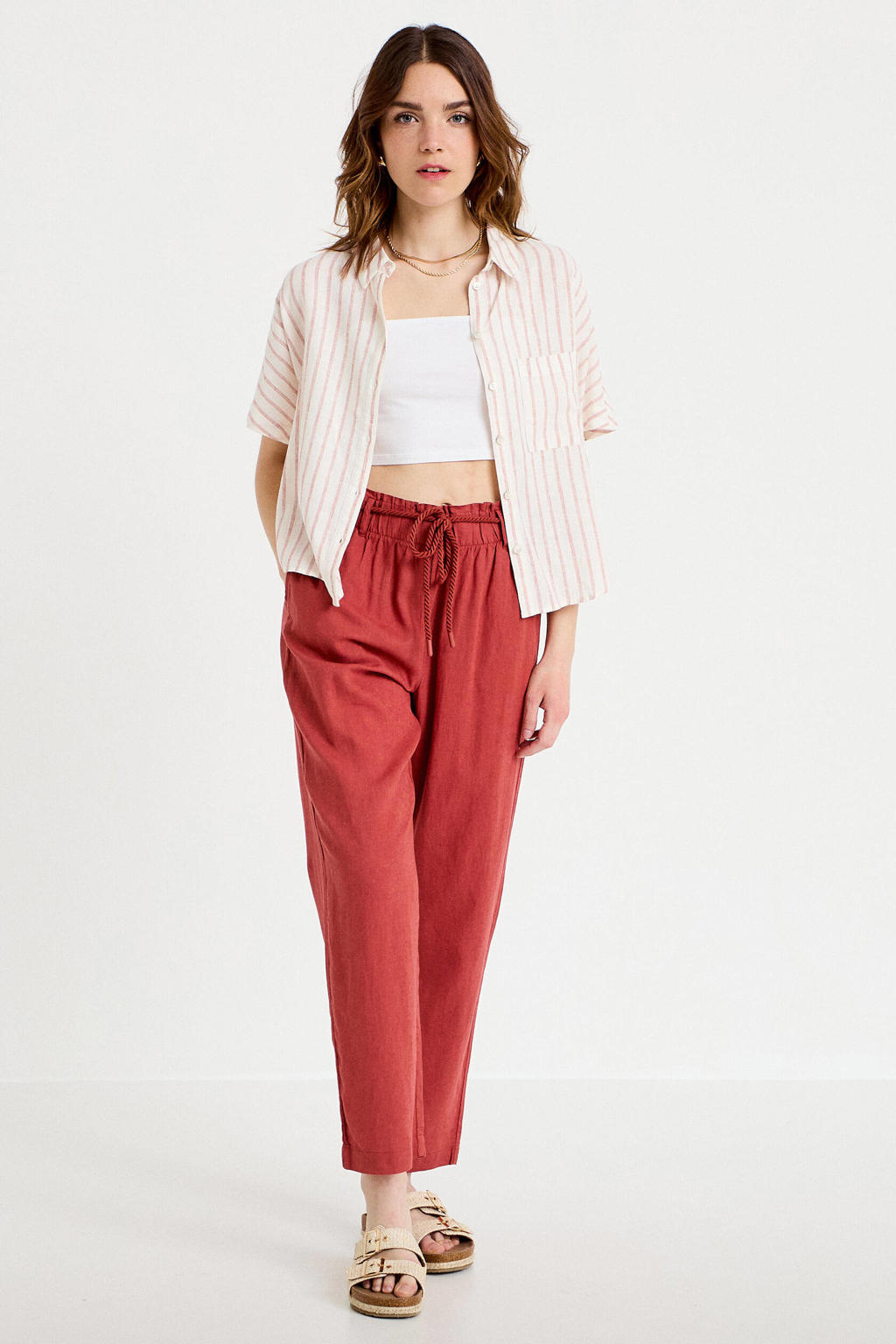 Koraalrode dames Cache Cache straight high waist casual broek van linnen met elastische tailleband met koord en effen