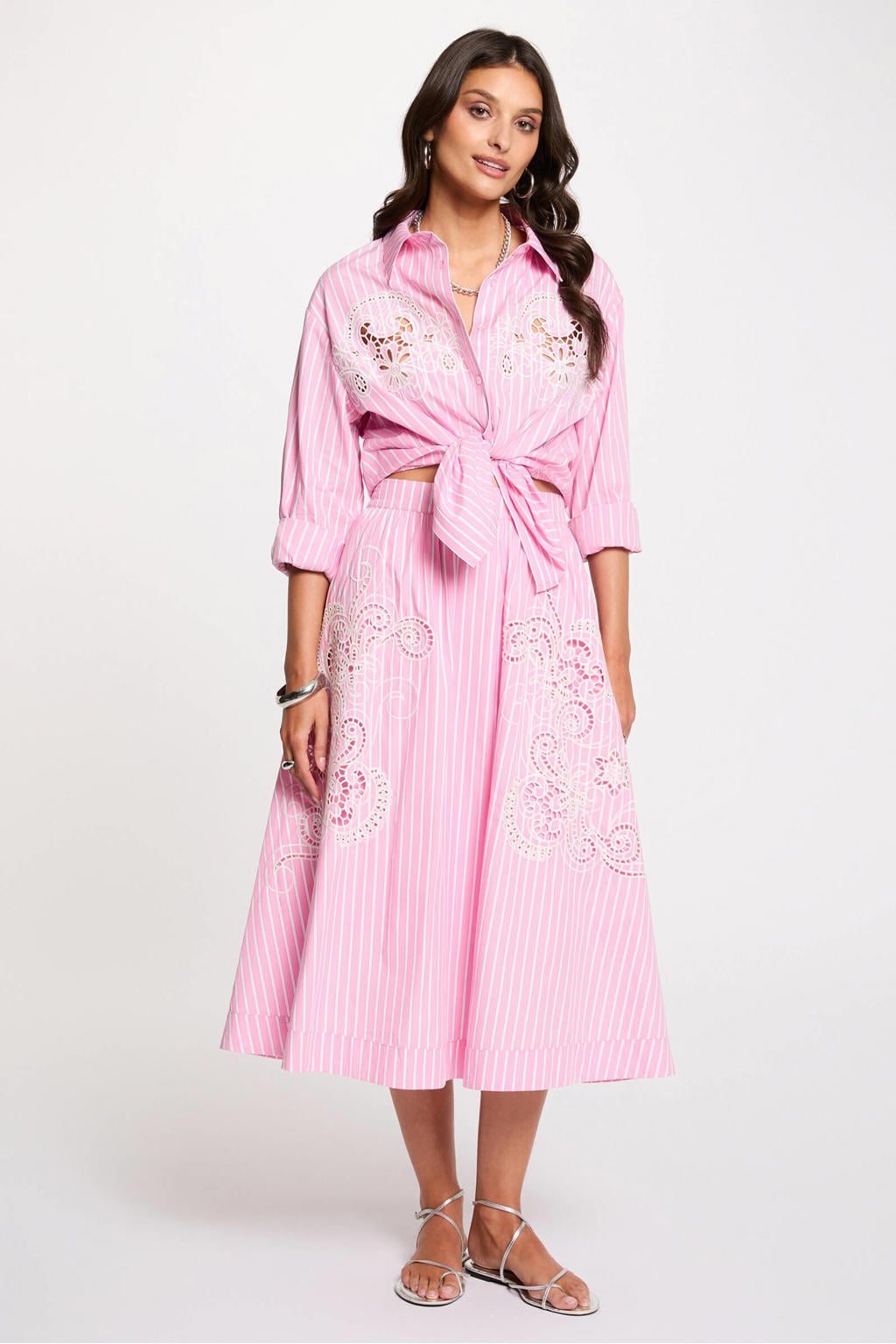 Roze en ecru dames Morgan gestreepte blouse broderie van katoen met lange mouwen, klassieke kraag en knoopsluiting
