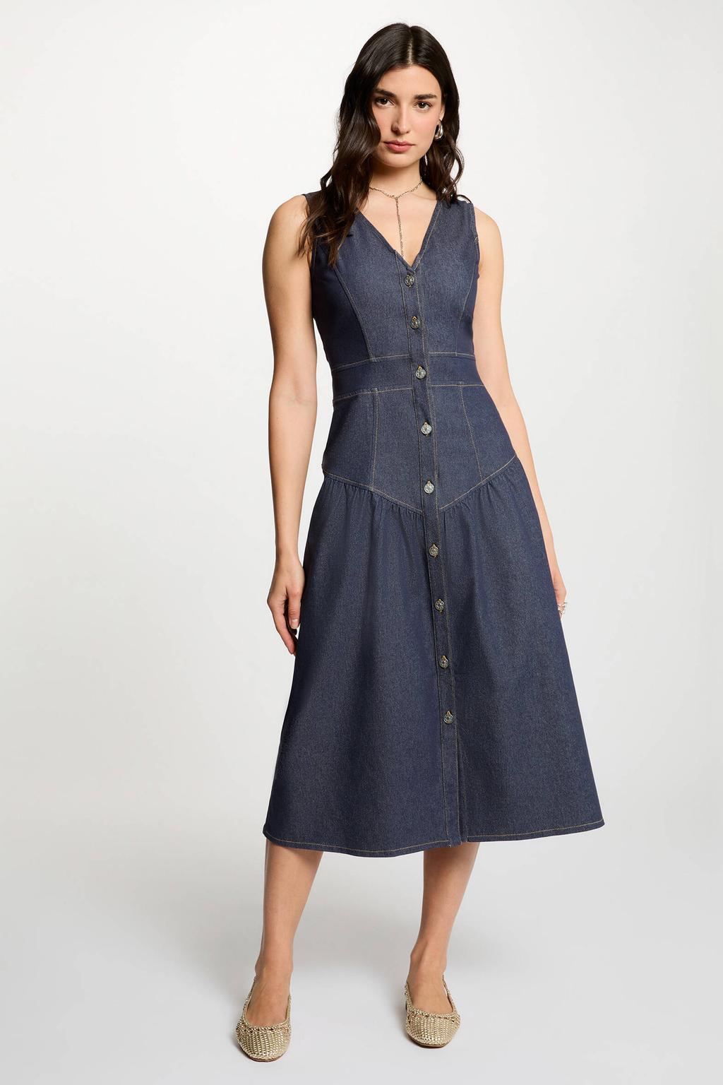 Dark blue denim dames Morgan spijkerjurk van denim met effen, V-hals, knoopsluiting en contrast stiksels