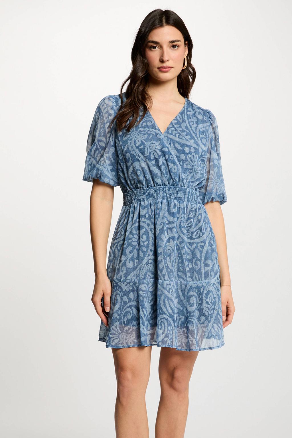 Blauwe dames Morgan bohemian jurk van polyester met paisley print, half lange mouwen, V-hals, elastische inzet en semi-transparante details