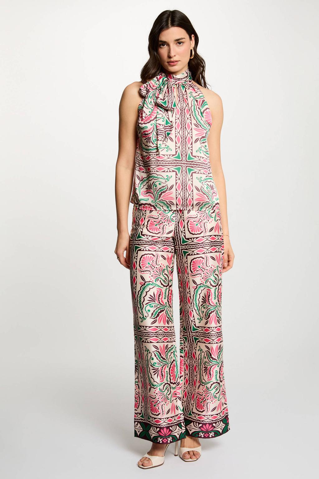 Ecru en roze dames Morgan satijnen wide leg high waist palazzo broek
