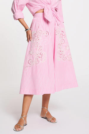 gestreepte midi rok broderie roze