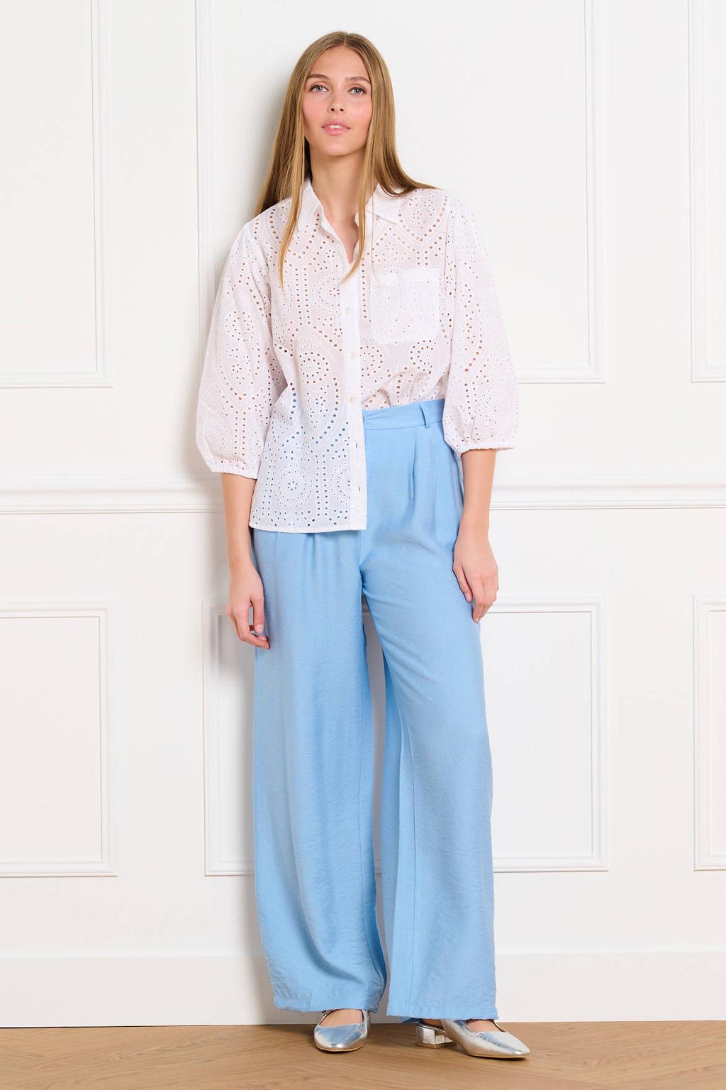 Lichtblauwe dames LOLALIZA high waist pantalon van viscose met loose fit, rits- en knoopsluiting en effen