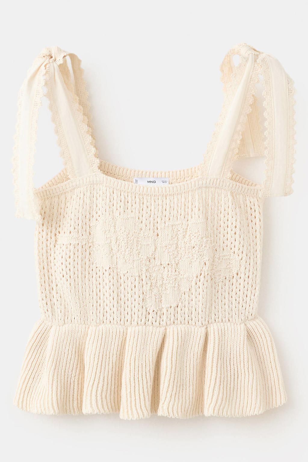 Beige dames Mango top gebreid met effen, spaghettibandjes, vierkante hals en crochet