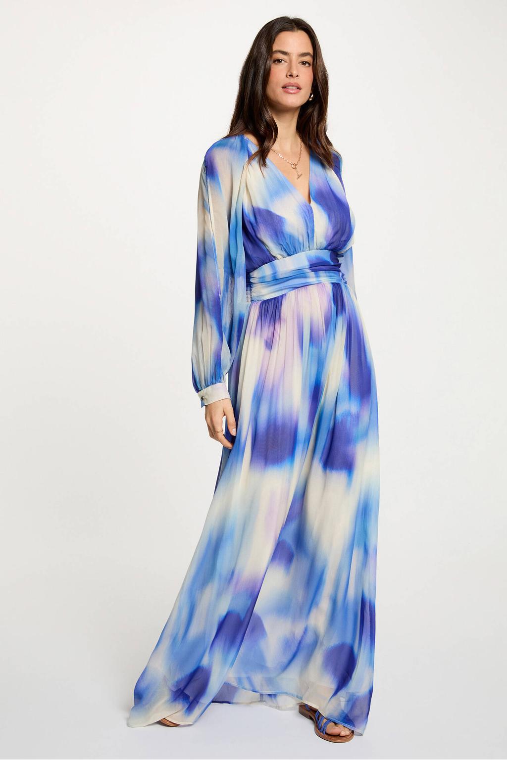Blauw en ecru dames Morgan maxi jurk van viscose met lange mouwen, V-hals en ritssluiting