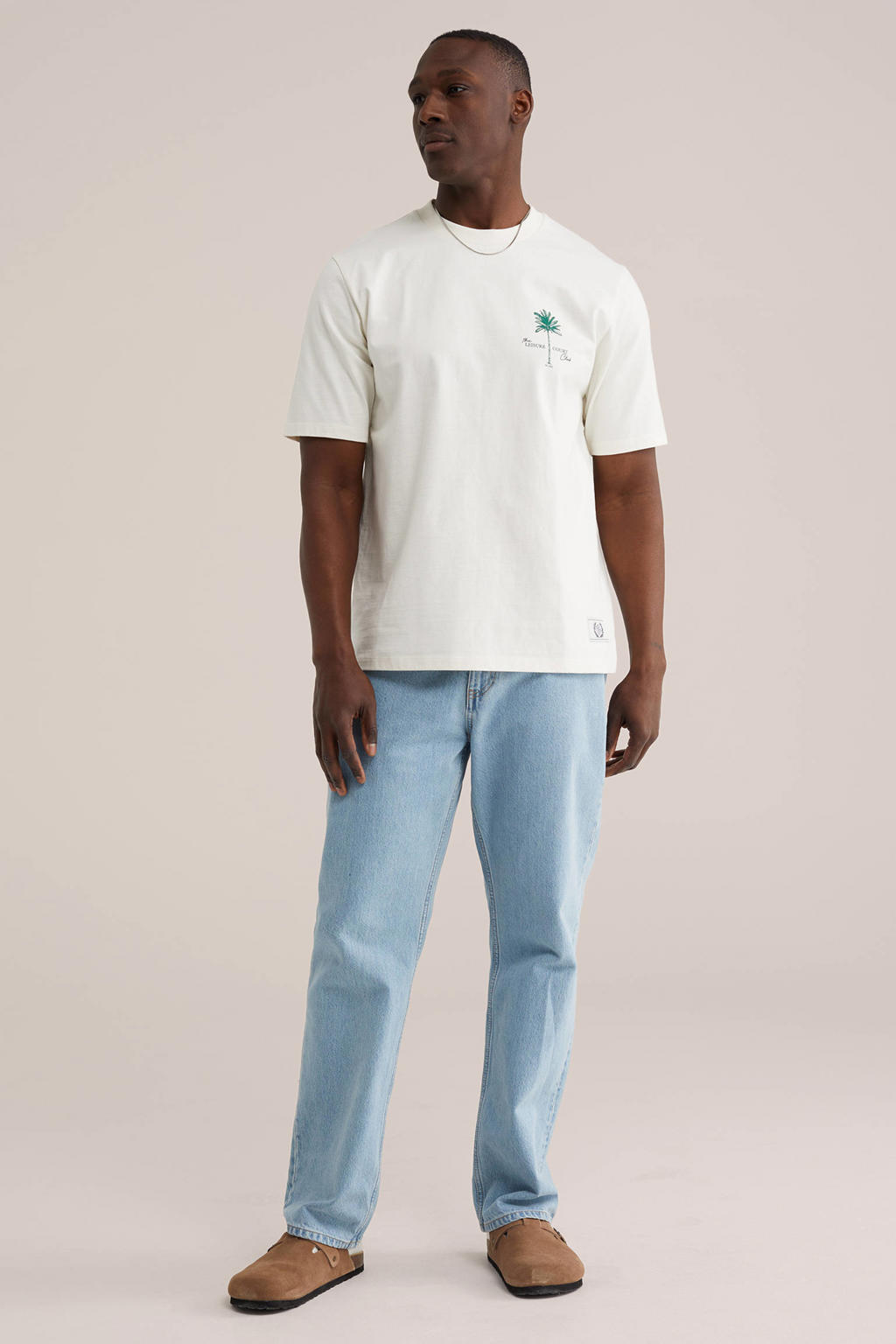 Ecru heren WE Fashion regular T-shirt van katoen met printopdruk, korte mouwen en ronde hals