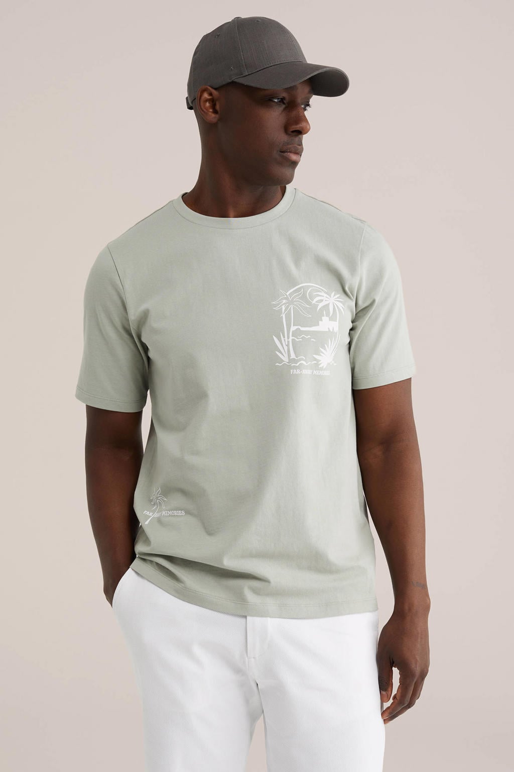 Groene heren WE Fashion regular T-shirt van katoen met printopdruk, korte mouwen en ronde hals