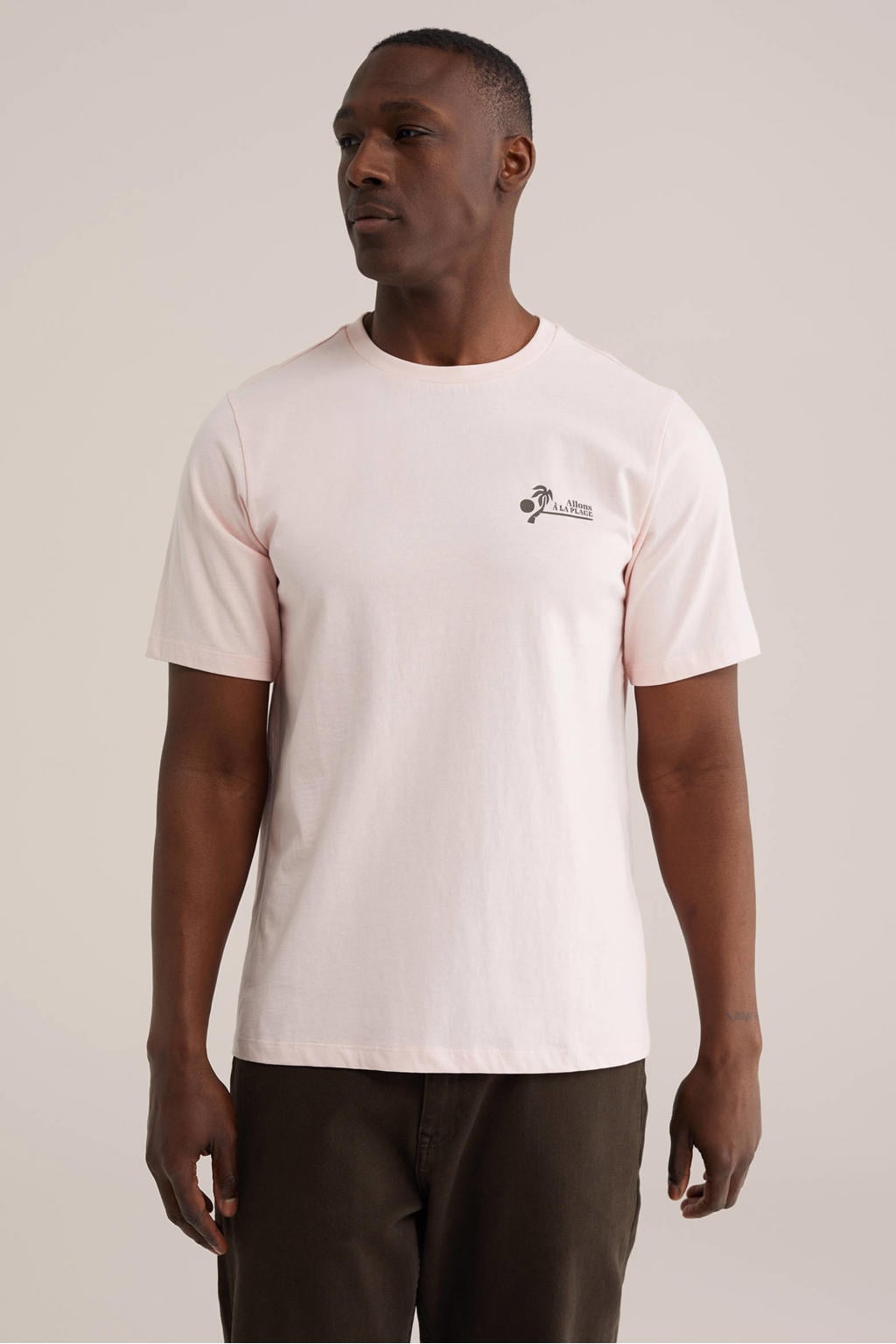 Lichtroze heren WE Fashion regular T-shirt van katoen met backprint, korte mouwen en ronde hals