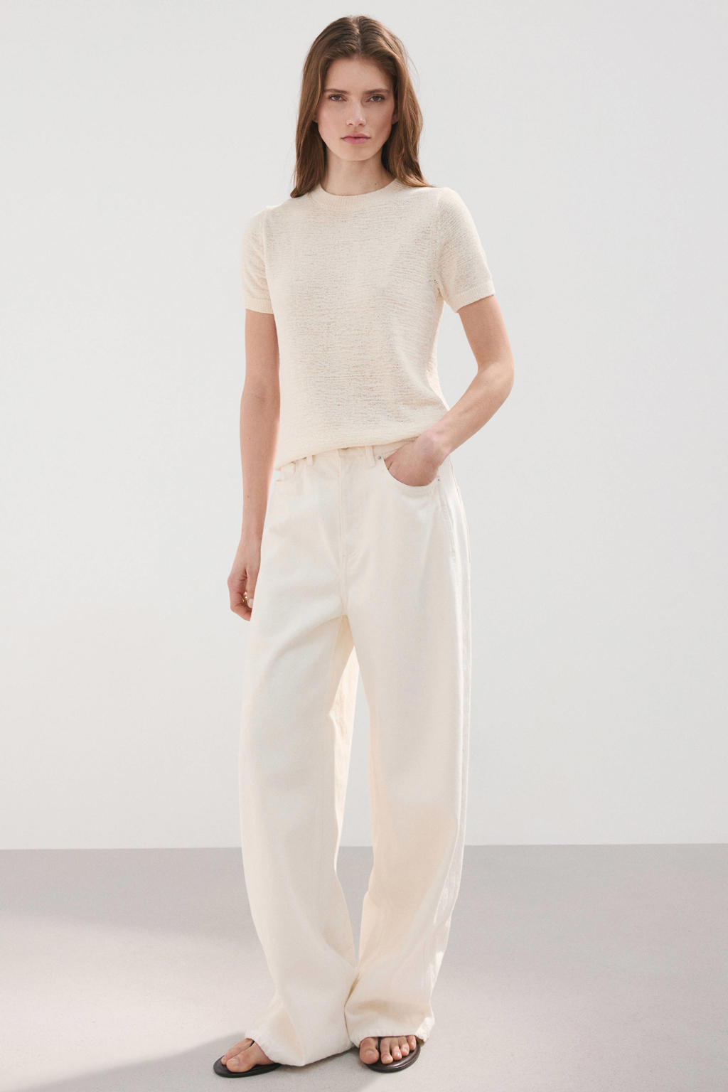 Beige dames Mango top van polyester met effen, korte mouwen en ronde hals