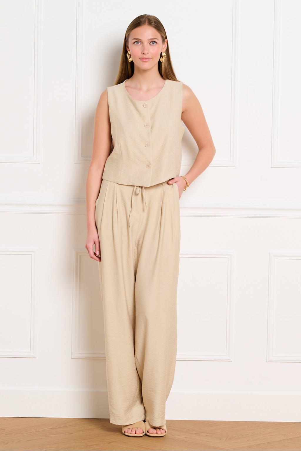 Beige dames LOLALIZA high waist broek van viscose met loose fit, rits- en knoopsluiting en effen